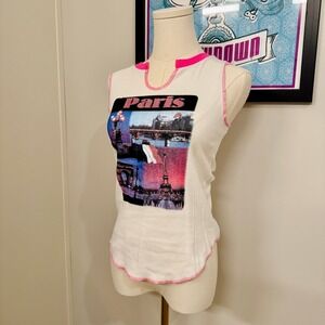 Vintage Y2K Blue Asphalt Paris Collage Graphic Tank Top Size S Pink Trim NWT